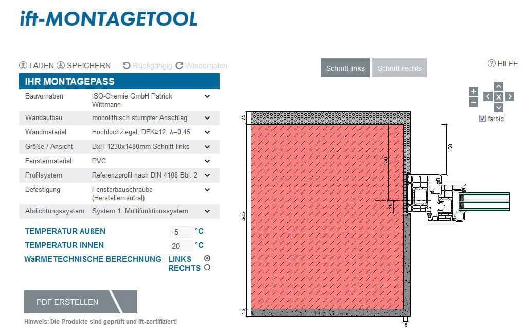 ift-MONTAGETOOL in the ISO portal: Online-generated installation certificate with isothermal calculation and proof of proper planning.